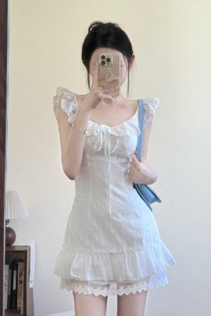 French-Style White Dress for Women with Ruffled Lace Splicing, Sweet Vacation Look, Perfect for Summer Outings