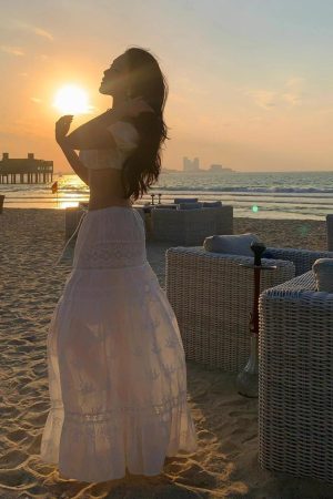 French-Style White Embroidered One-Shoulder Bikini with Split Long Skirt - Sexy Slim Fit Three-Piece Beach Swimsuit Set