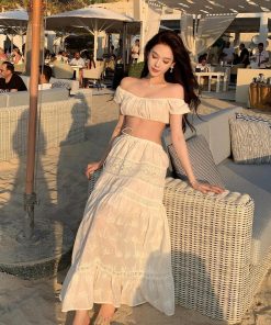 French-Style White Embroidered One-Shoulder Bikini with Split Long Skirt - Sexy Slim Fit Three-Piece Beach Swimsuit Set