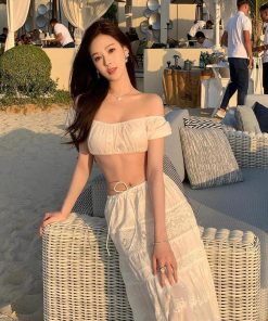 French-Style White Embroidered One-Shoulder Bikini with Split Long Skirt - Sexy Slim Fit Three-Piece Beach Swimsuit Set