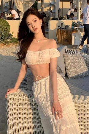 French-Style White Embroidered One-Shoulder Bikini with Split Long Skirt - Sexy Slim Fit Three-Piece Beach Swimsuit Set