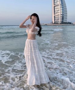 French-Style White Embroidered One-Shoulder Bikini with Split Long Skirt - Sexy Slim Fit Three-Piece Beach Swimsuit Set