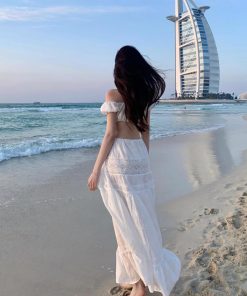 French-Style White Embroidered One-Shoulder Bikini with Split Long Skirt - Sexy Slim Fit Three-Piece Beach Swimsuit Set