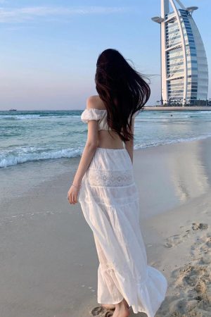 French-Style White Embroidered One-Shoulder Bikini with Split Long Skirt - Sexy Slim Fit Three-Piece Beach Swimsuit Set