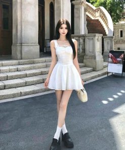 French-Style White Spaghetti Strap Dress for Women - Fitted Waist, Slim Silhouette, Summer Short Skirt, Seaside Vibes