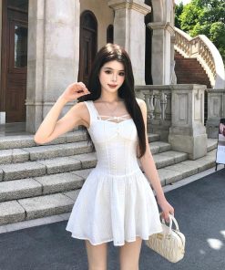 French-Style White Spaghetti Strap Dress for Women - Fitted Waist, Slim Silhouette, Summer Short Skirt, Seaside Vibes