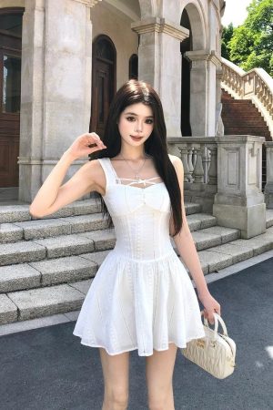 French-Style White Spaghetti Strap Dress for Women - Fitted Waist, Slim Silhouette, Summer Short Skirt, Seaside Vibes