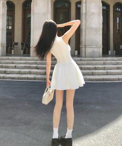 French-Style White Spaghetti Strap Dress for Women - Fitted Waist, Slim Silhouette, Summer Short Skirt, Seaside Vibes