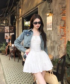 French-Style White Spaghetti Strap Dress for Women, Waist-Cinching Spicy Girl Mini Dress, Spring Vacation Fashion