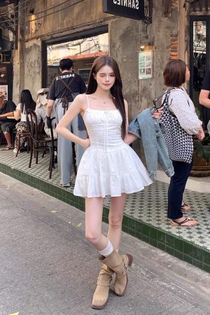 French-Style White Spaghetti Strap Dress for Women, Waist-Cinching Spicy Girl Mini Dress, Spring Vacation Fashion