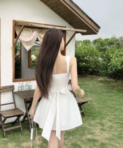 French-Style White Spaghetti Strap Dress for Women with Bow Detail, Fitted Waist, Sweet Temperament, Perfect for Summer