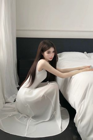 French-Style White Square-Neck Camisole Dress with Fairy Design, Slim Waist, Long Skirt - Summer 90s-Inspired Fashion