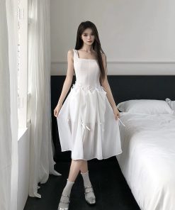 French-Style White Square-Neck Camisole Dress with Fairy Design, Slim Waist, Long Skirt - Summer 90s-Inspired Fashion