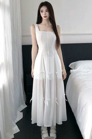 French-Style White Square-Neck Camisole Dress with Fairy Design, Slim Waist, Long Skirt - Summer 90s-Inspired Fashion