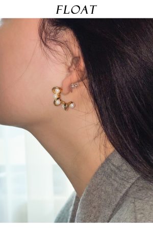French-Style Wrapped Pearl C-Shaped Clip-On Earrings for Women, Twisted Rope Double-Layer Design, 18K Gold-Plated