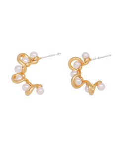 French-Style Wrapped Pearl C-Shaped Clip-On Earrings for Women, Twisted Rope Double-Layer Design, 18K Gold-Plated