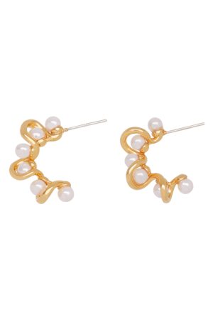 French-Style Wrapped Pearl C-Shaped Clip-On Earrings for Women, Twisted Rope Double-Layer Design, 18K Gold-Plated