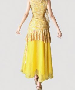 French-Style Yellow Floral V-Neck Tie-Waist Short Dress Set with Mesh Long Skirt for Vacation - Perfect for Y2K and Summer Styles