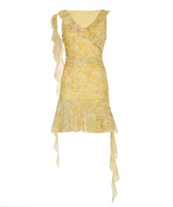French-Style Yellow Floral V-Neck Tie-Waist Short Dress Set with Mesh Long Skirt for Vacation - Perfect for Y2K and Summer Styles