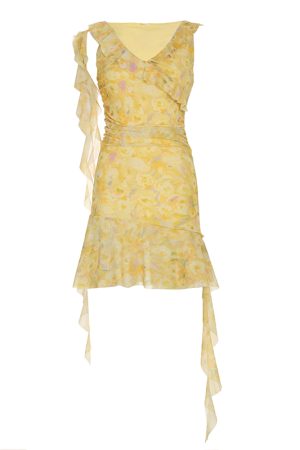 French-Style Yellow Floral V-Neck Tie-Waist Short Dress Set with Mesh Long Skirt for Vacation - Perfect for Y2K and Summer Styles