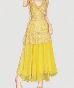 French-Style Yellow Floral V-Neck Tie-Waist Short Dress Set with Mesh Long Skirt for Vacation - Perfect for Y2K and Summer Styles