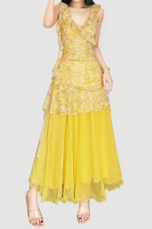 French-Style Yellow Floral V-Neck Tie-Waist Short Dress Set with Mesh Long Skirt for Vacation - Perfect for Y2K and Summer Styles