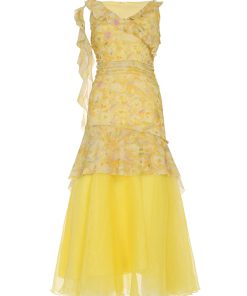 French-Style Yellow Floral V-Neck Tie-Waist Short Dress Set with Mesh Long Skirt for Vacation - Perfect for Y2K and Summer Styles