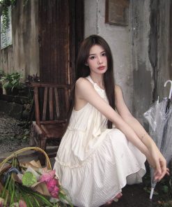 French Sweet Sleeveless Halter Dress, Fairy Slim Fit Petite A-Line Mini Dress for Summer, Cute Princess Style