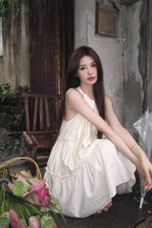French Sweet Sleeveless Halter Dress, Fairy Slim Fit Petite A-Line Mini Dress for Summer, Cute Princess Style