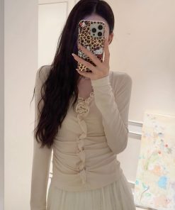 French V-neck Long Sleeve Shirt for Women, Camellia Fragrance Print, Designed Fit, Versatile Top, Spring 2025 Fashion