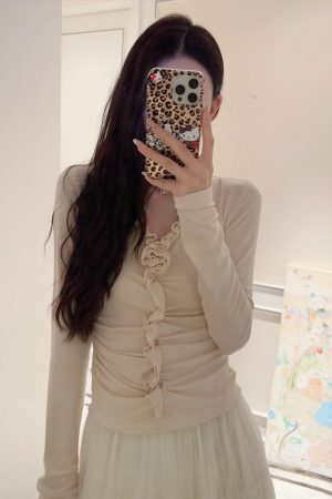 French V-neck Long Sleeve Shirt for Women, Camellia Fragrance Print, Designed Fit, Versatile Top, Spring 2025 Fashion