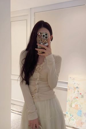 French V-neck Long Sleeve Shirt for Women, Camellia Fragrance Print, Designed Fit, Versatile Top, Spring 2025 Fashion