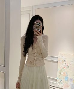 French V-neck Long Sleeve Shirt for Women, Camellia Fragrance Print, Designed Fit, Versatile Top, Spring 2025 Fashion