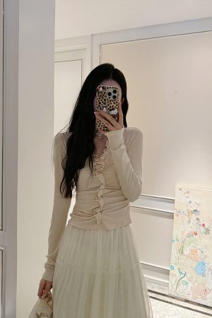 French V-neck Long Sleeve Shirt for Women, Camellia Fragrance Print, Designed Fit, Versatile Top, Spring 2025 Fashion