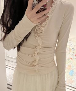 French V-neck Long Sleeve Shirt for Women, Camellia Fragrance Print, Designed Fit, Versatile Top, Spring 2025 Fashion