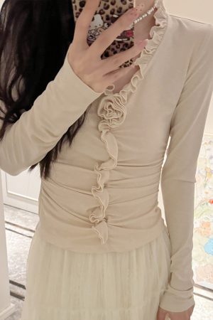 French V-neck Long Sleeve Shirt for Women, Camellia Fragrance Print, Designed Fit, Versatile Top, Spring 2025 Fashion