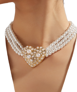French Vintage Artificial Pearl Heart Necklace - Light Luxury Three-Row Layered Court-Style Jewelry for Women