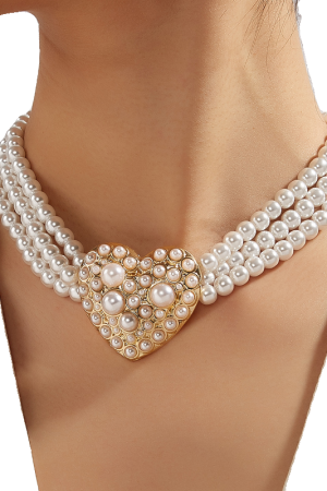 French Vintage Artificial Pearl Heart Necklace - Light Luxury Three-Row Layered Court-Style Jewelry for Women