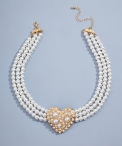 French Vintage Artificial Pearl Heart Necklace - Light Luxury Three-Row Layered Court-Style Jewelry for Women