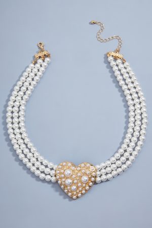 French Vintage Artificial Pearl Heart Necklace - Light Luxury Three-Row Layered Court-Style Jewelry for Women