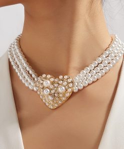 French Vintage Artificial Pearl Heart Necklace - Light Luxury Three-Row Layered Court-Style Jewelry for Women