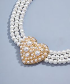 French Vintage Artificial Pearl Heart Necklace - Light Luxury Three-Row Layered Court-Style Jewelry for Women