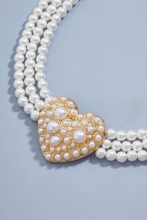 French Vintage Artificial Pearl Heart Necklace - Light Luxury Three-Row Layered Court-Style Jewelry for Women