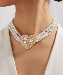 French Vintage Artificial Pearl Heart Necklace - Light Luxury Three-Row Layered Court-Style Jewelry for Women