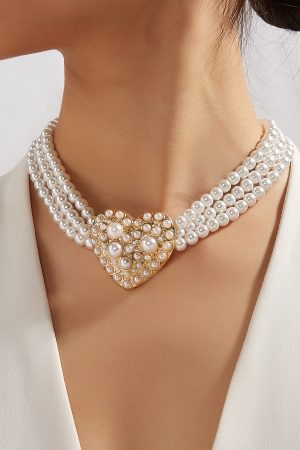 French Vintage Artificial Pearl Heart Necklace - Light Luxury Three-Row Layered Court-Style Jewelry for Women