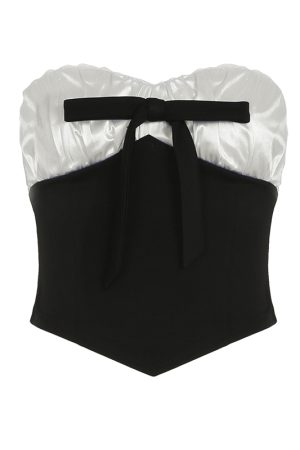 French Vintage Black and White Color-Blocking Strapless Bow Pleated Mini Skirt Set for Women - Chic Y2K Style