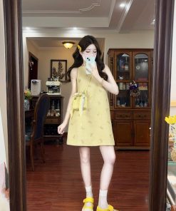 French Vintage Bow Sleeveless Halter Dress for Women, Elegant Short Skirt, Chic Summer Fashion