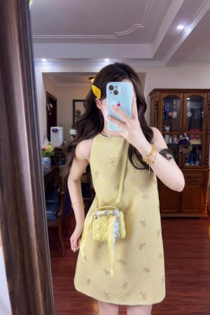 French Vintage Bow Sleeveless Halter Dress for Women, Elegant Short Skirt, Chic Summer Fashion
