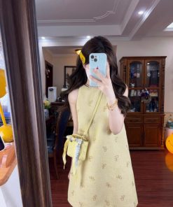 French Vintage Bow Sleeveless Halter Dress for Women, Elegant Short Skirt, Chic Summer Fashion