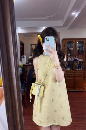 French Vintage Bow Sleeveless Halter Dress for Women, Elegant Short Skirt, Chic Summer Fashion